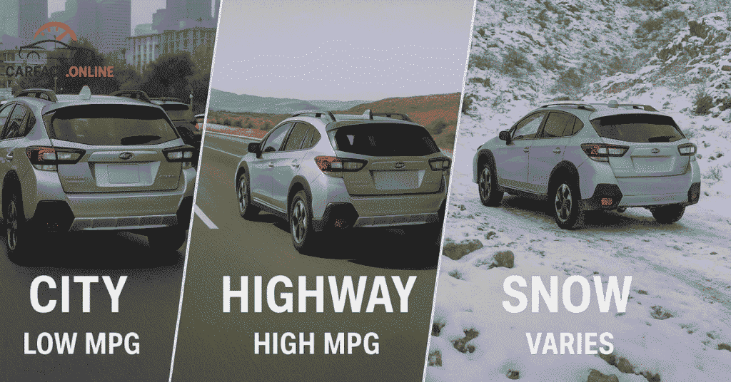 Subaru Crosstrek in city traffic, highway cruising, and snowy terrain illustrating MPG differences