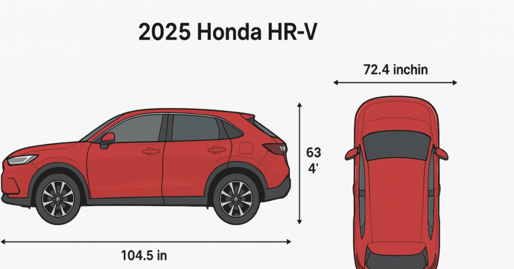 Diagram of 2025 Honda HR-V exterior dimensions with arrows labeling length, width, and height for quick size reference.