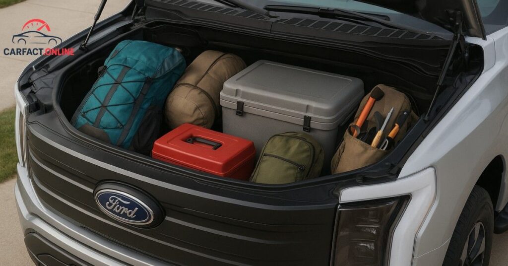 2025 Ford F-150 Lightning frunk open and filled with camping gear, cooler, and tools.
