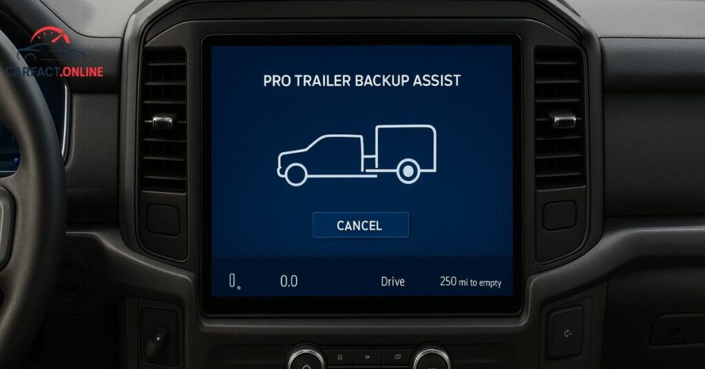 Interior of 2025 Ford F-150 Lightning showing Pro Trailer Backup Assist screen on dashboard.