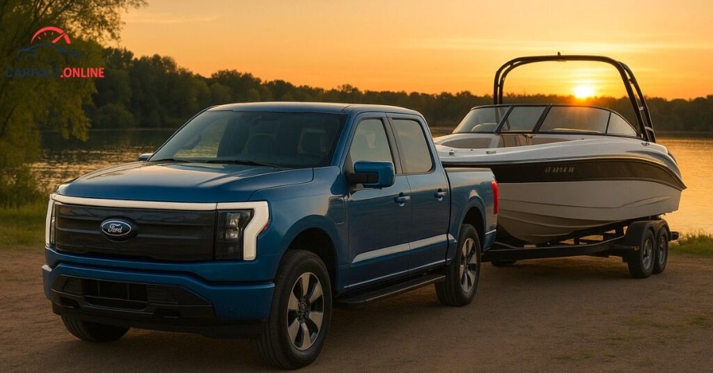 Blue 2025 Ford F-150 Lightning towing a mid-size boat near a lake at sunset.