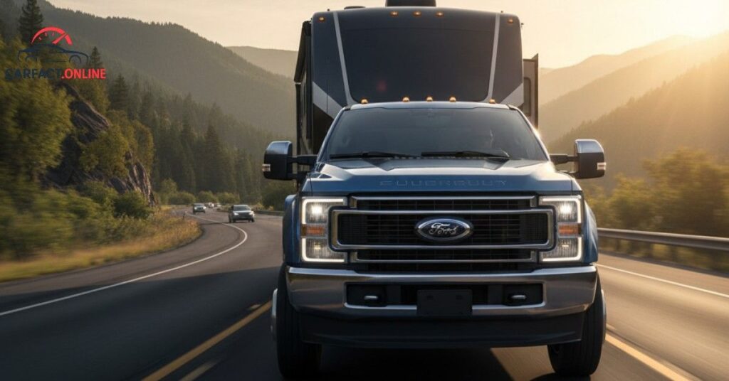 A 2025 Ford F-350 Super Duty dually in Antimatter Blue towing a large fifth-wheel RV on a scenic highway, demonstrating its real-world towing capacity and stability.