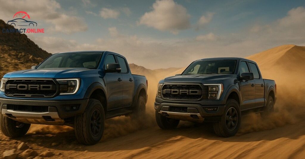 2025 Ford Ranger Raptor and Ford F-150 Raptor driving off-road, kicking dust and showing suspension movement in desert terrain.