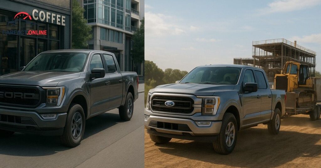 2025 Ford Ranger parked near a coffee shop in a city and Ford F-150 towing equipment at a construction site.