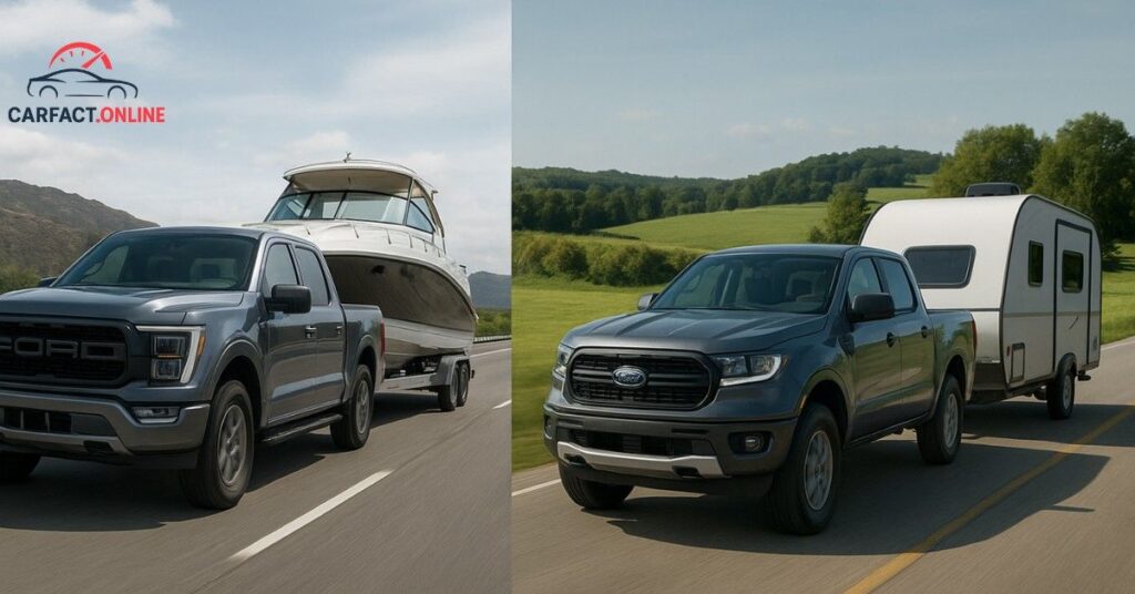 2025 Ford F-150 towing a large boat and 2025 Ford Ranger towing a small camper trailer in a countryside setting.
