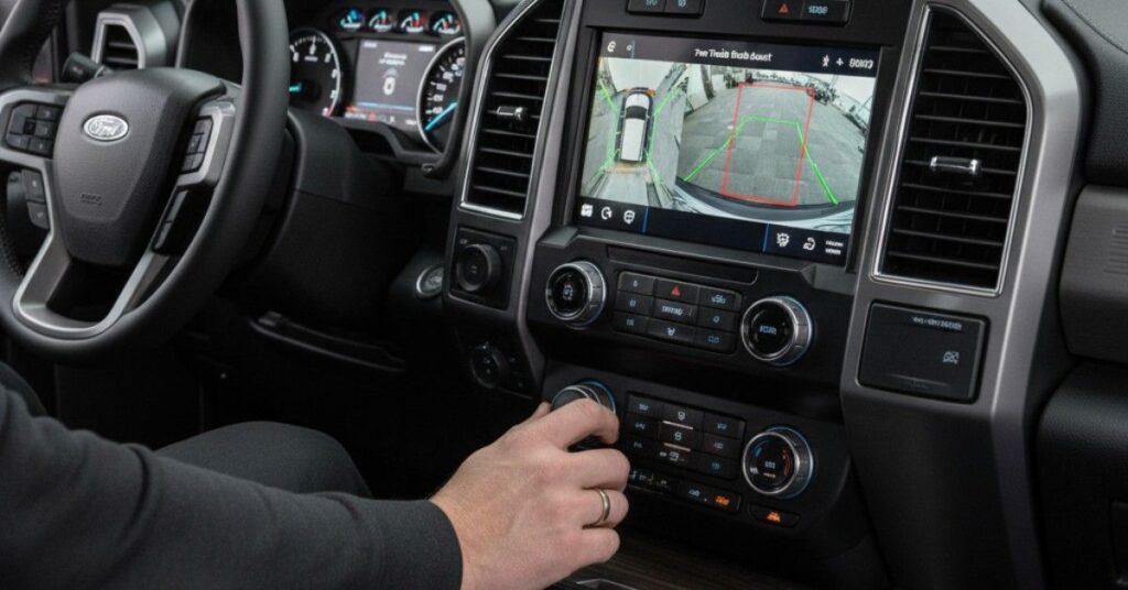 Interior view of the 2025 Ford Super Duty Lariat showing the 12-inch touchscreen displaying the 360-degree camera system, with the Pro Trailer Backup Assist knob in the foreground.