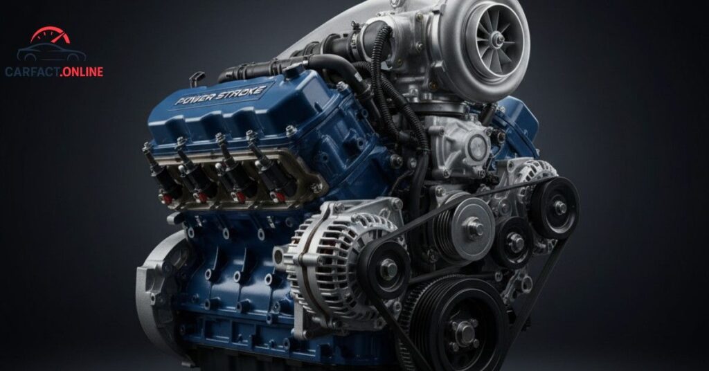 Studio photograph of the 6.7L High-Output Power Stroke V8 Turbo Diesel engine for the 2025 Ford Super Duty, highlighting its advanced engineering and power for maximum towing.