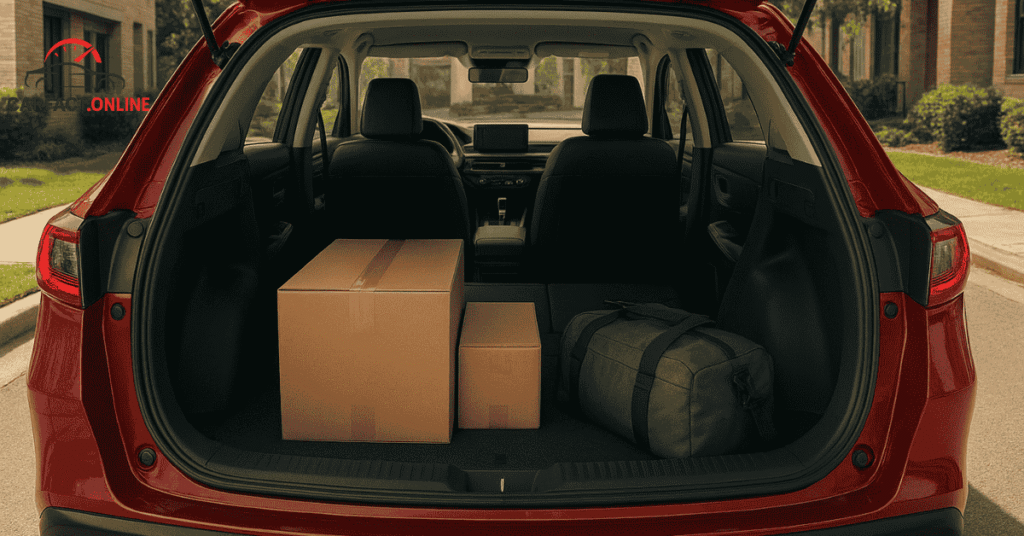 Open rear cargo area of the 2025 Honda HR-V with folded seats and luggage inside, showing expanded cargo space and versatility.