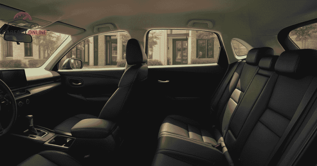 2025 Honda HR-V interior cabin showing front and rear seats, ample legroom, and modern dashboard under natural light.