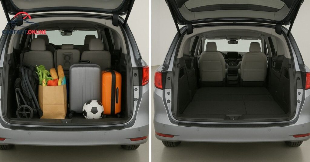 Rear hatch of the 2025 Honda Odyssey open, showing luggage, groceries, and gear behind the 3rd row.