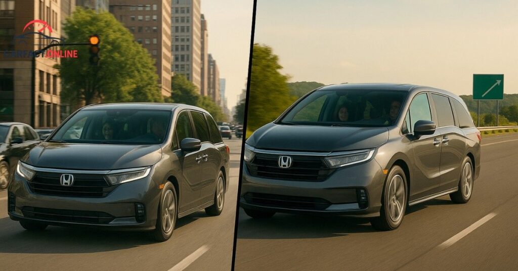 Split-scene showing the 2025 Honda Odyssey in city traffic on the left and cruising on an open highway on the right, representing EPA vs real-world fuel economy.