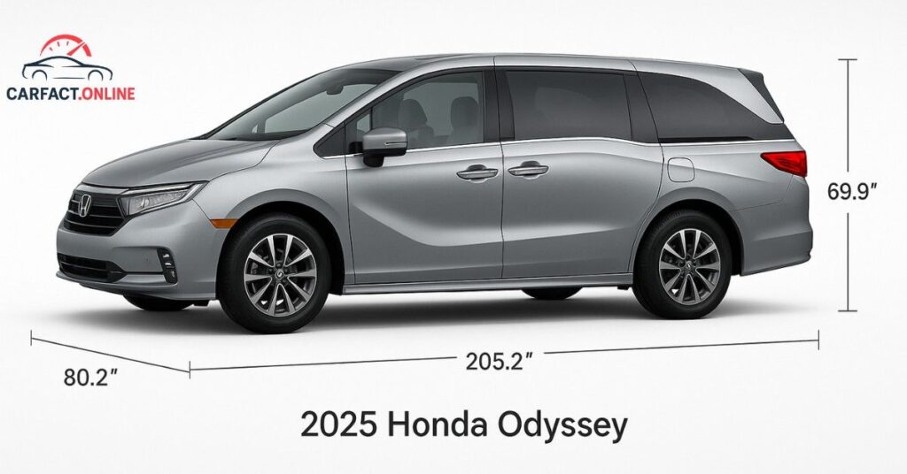 Side profile of the 2025 Honda Odyssey with length, width, and height dimensions highlighted.