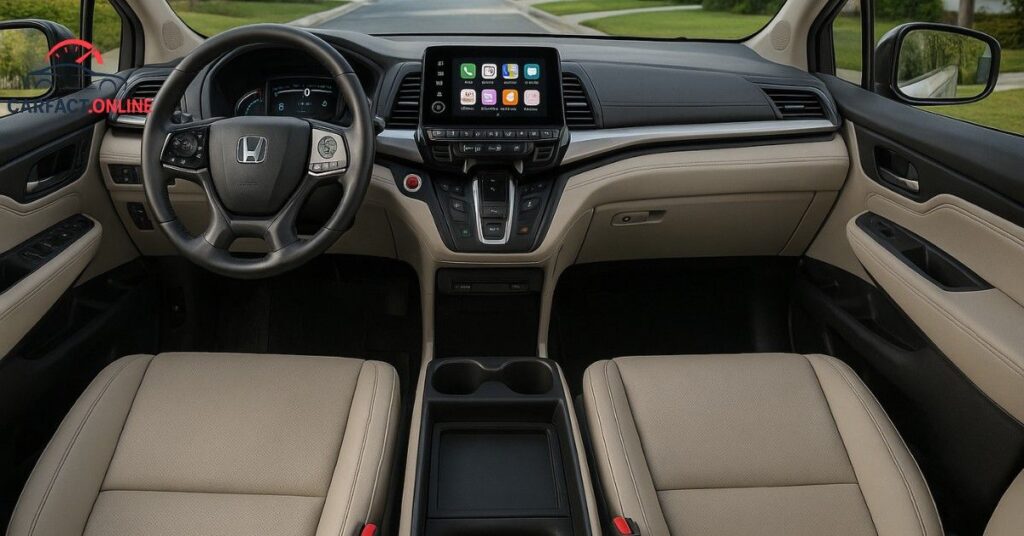 Interior view of 2025 Honda Odyssey dashboard with 9-inch touchscreen, Apple CarPlay®, and spacious front cabin.