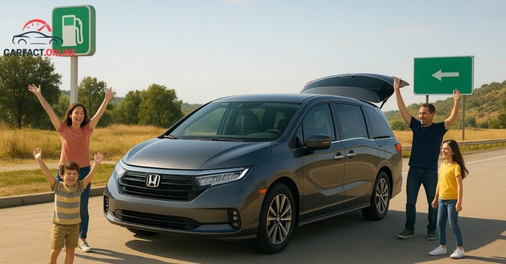 2025 Honda Odyssey at a scenic rest stop with family stretching outside and luggage packed, symbolizing long driving range of 430–540 miles per tank.