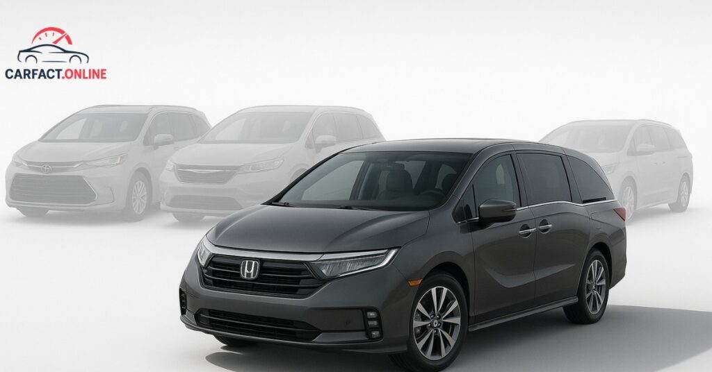 2025 Honda Odyssey in the foreground with Toyota Sienna, Chrysler Pacifica, and Kia Carnival silhouettes faded in the background, emphasizing minivan comparison.