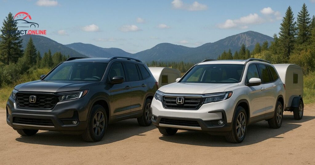 2025 Honda Passport and Honda Pilot towing small trailers side by side in an outdoor setting.