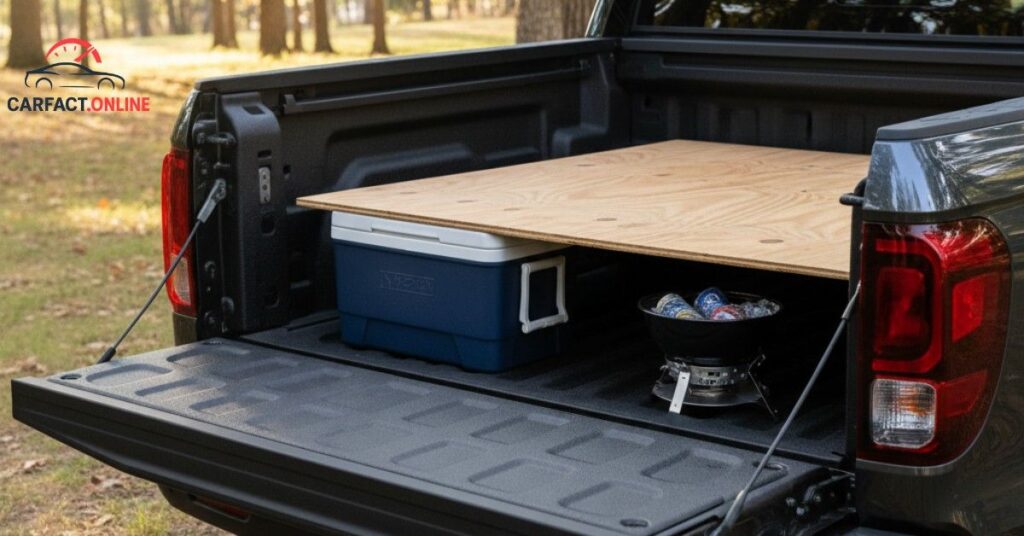 The 2025 Honda Ridgeline's cargo bed shown with a 4x8 sheet of plywood laying flat, alongside the open, lockable In-Bed Trunk.