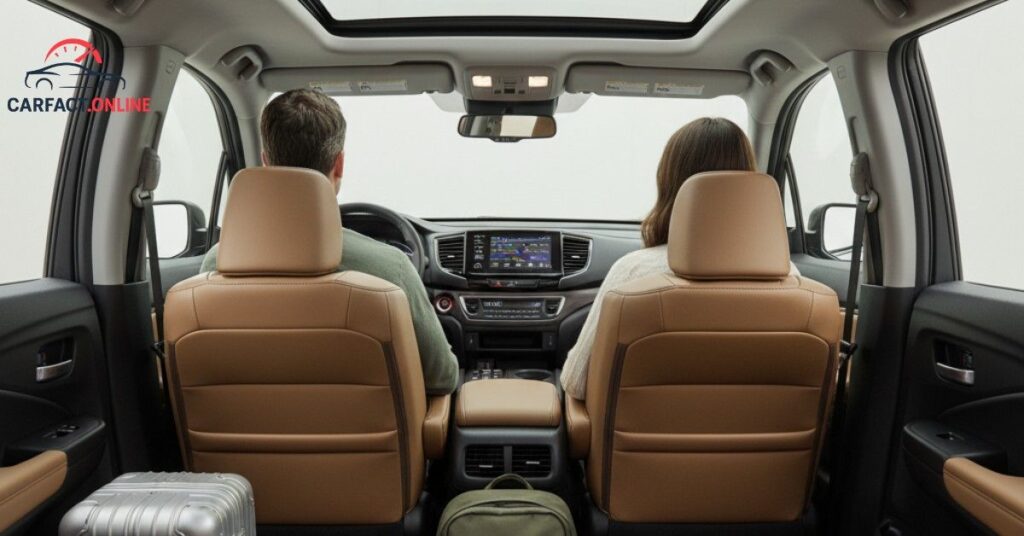 A wide-angle view of the spacious rear cabin of a 2025 Honda Ridgeline, showing ample legroom and premium leather-trimmed seats.