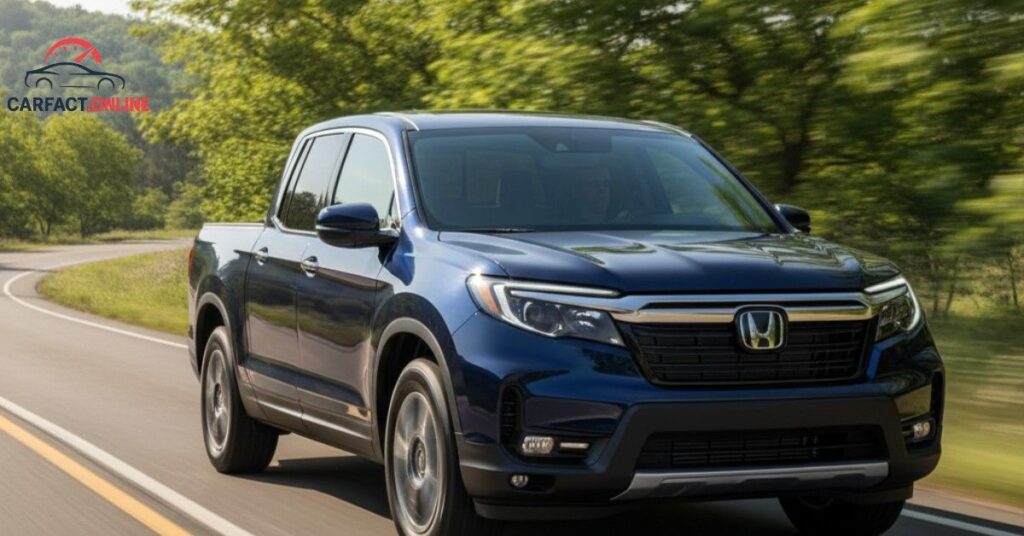 A 2025 Honda Ridgeline driving smoothly on a winding scenic highway, demonstrating its stable, SUV-like handling and standard AWD.
