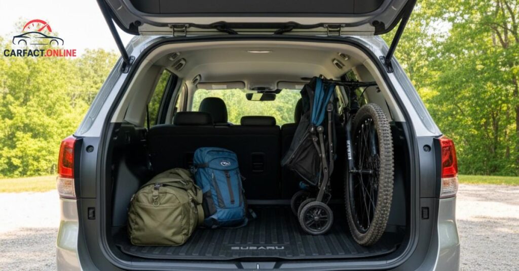 The 2025 Subaru Forester's versatile cargo area with the rear seats folded down, loaded with camping gear to show its large capacity.