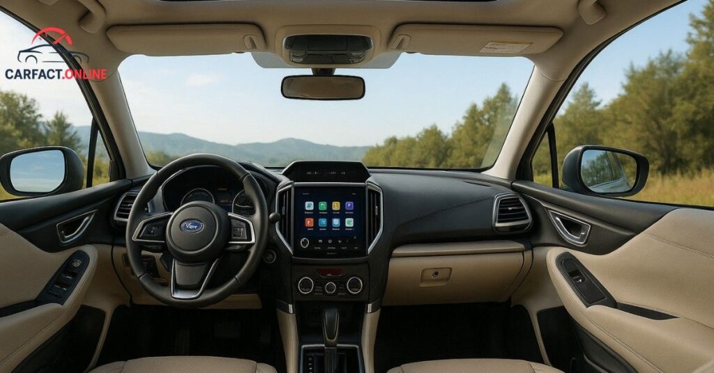 2025 Subaru Forester interior with 11.6-inch Starlink display, wireless charging, and beige upholstery.
