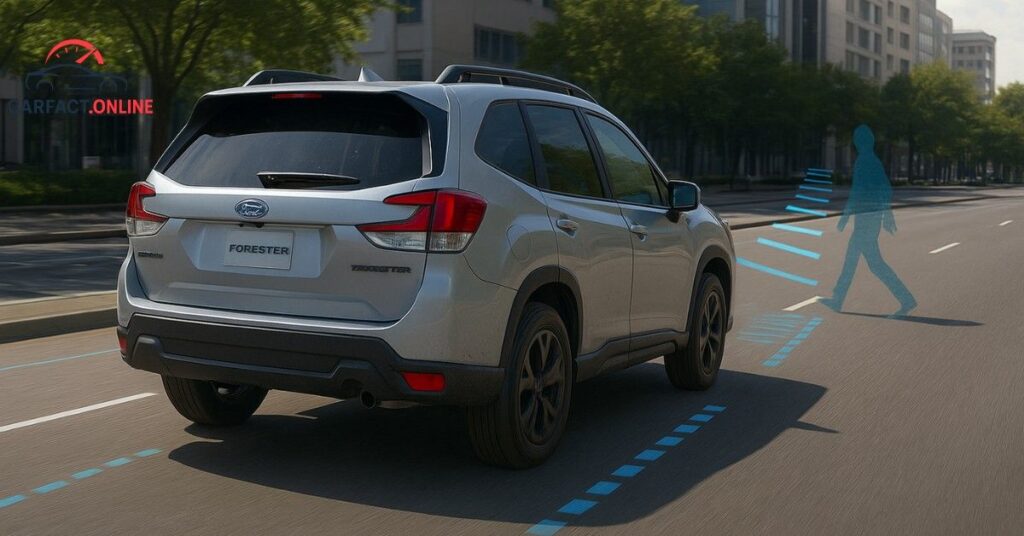2025 Subaru Forester with EyeSight safety system detecting pedestrian using adaptive cruise and lane assist.