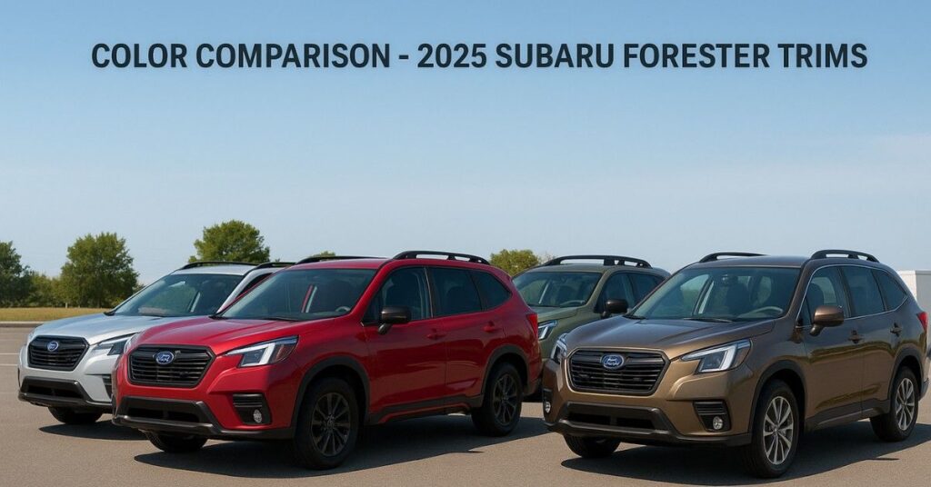 Front three-quarter view of multiple 2025 Subaru Forester trims — Base, Sport, Wilderness, and Touring — each in different colors.