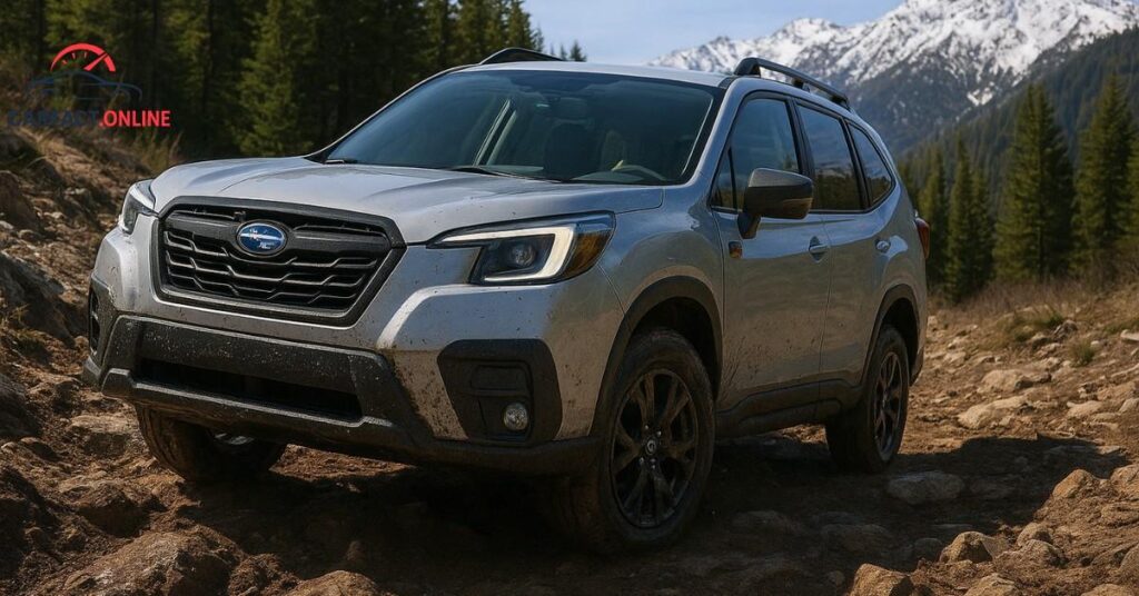 2025 Subaru Forester Wilderness climbing rocky trail with X-Mode and all-terrain tires.