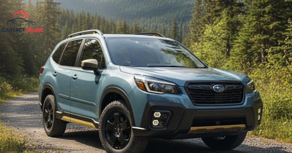A 2025 Subaru Forester Wilderness trim on a scenic gravel road, highlighting its 9.2-inch ground clearance and all-terrain tires.