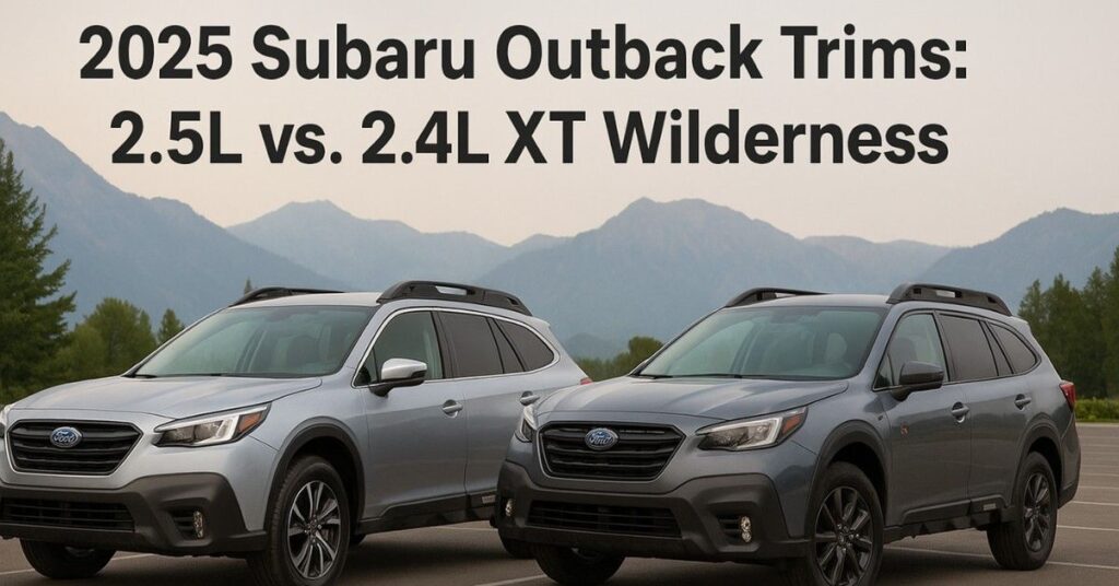 2025 Subaru Outback 2.5L and 2.4L XT Wilderness trims parked side by side in front of mountains showing styling and ground clearance differences.