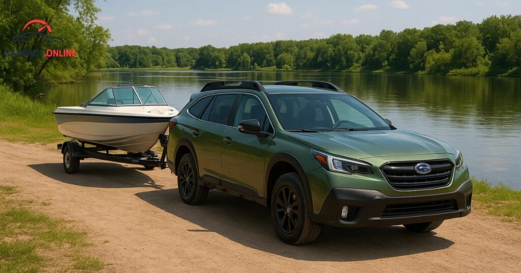 2025 Subaru Outback XT towing a small white-and-blue motorboat beside a calm lake on a sunny afternoon.