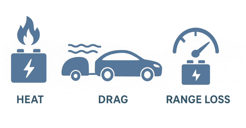 Infographic illustrating electric vehicle towing challenges including heat buildup, aerodynamic drag, and range loss with labeled icons.