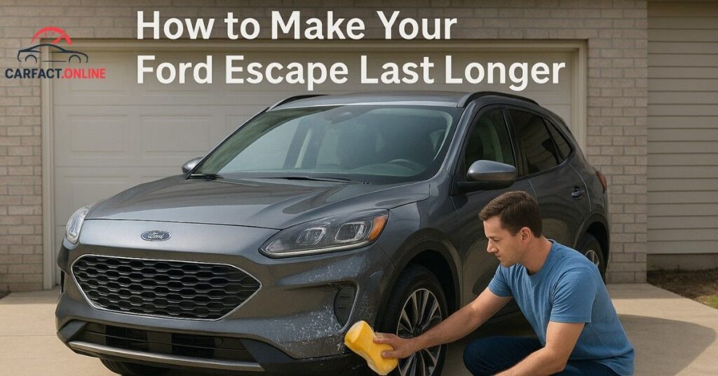Owner washing a Ford Escape in a clean driveway, surrounded by car care tools — showing how regular maintenance extends vehicle life.