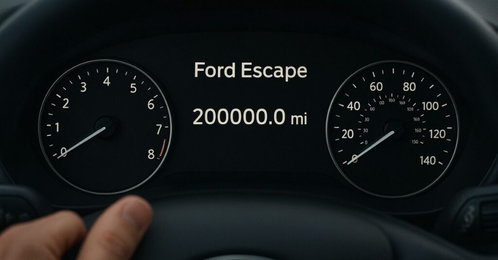 Close-up of a Ford Escape odometer reading around 200,000 miles, highlighting the SUV’s long lifespan and dependable mileage.