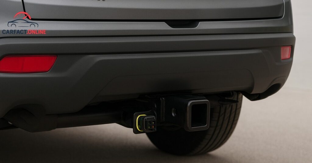 Close-up of a Honda Passport’s rear showing Class III hitch and trailer wiring harness ready for towing.