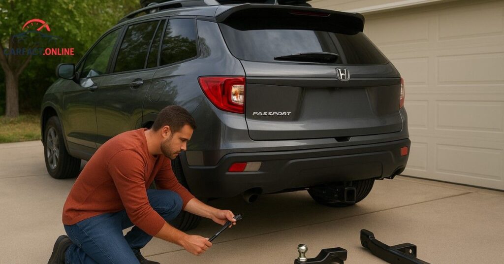 Driver preparing a Honda Passport for towing in a driveway, checking tire pressure and hitch connection.