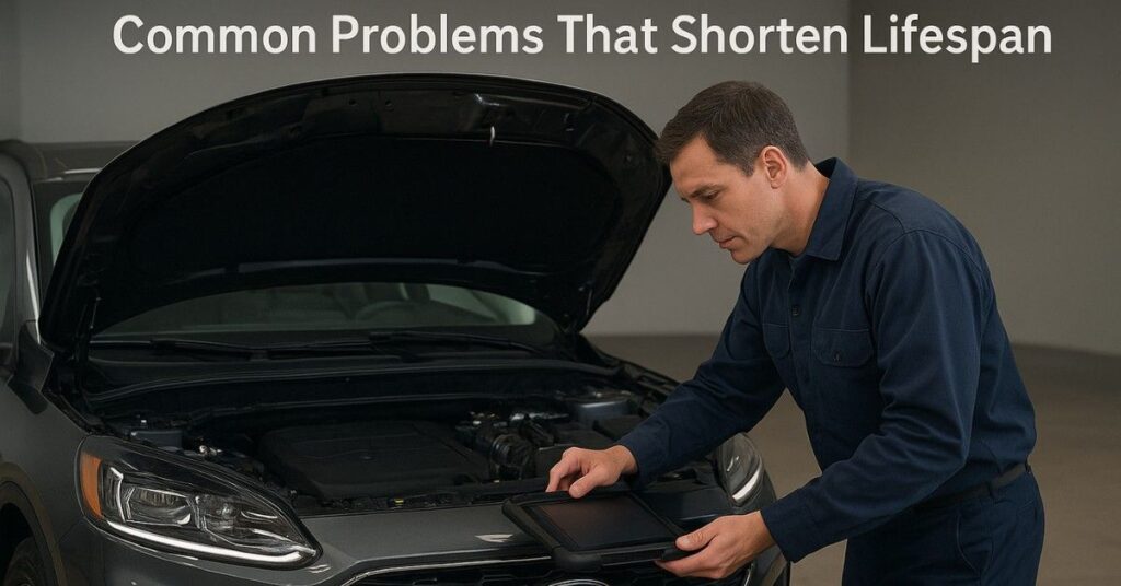 Mechanic inspecting the engine bay of a Ford Escape with diagnostic tools, focusing on maintenance and preventive care.