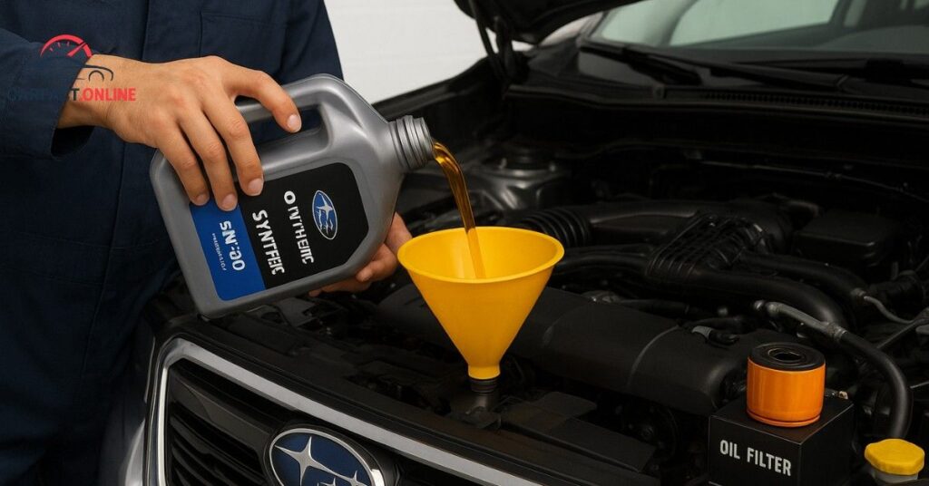 Mechanic pouring synthetic oil into 2025 Subaru Forester engine with oil filter visible