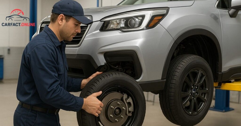 2025 Subaru Forester on lift with mechanic inspecting brake disc and front wheel