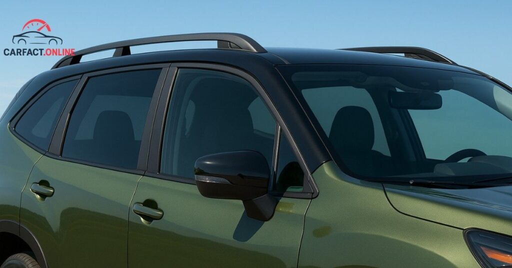 Close-up side angle of a 2025 Subaru Forester Touring in Autumn Green Metallic with a contrasting Crystal Black Silica roof.