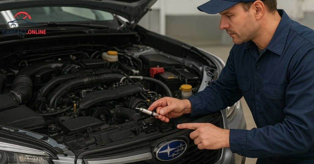 Mechanic holding spark plug and pointing at engine components during 100k mile Subaru Forester service