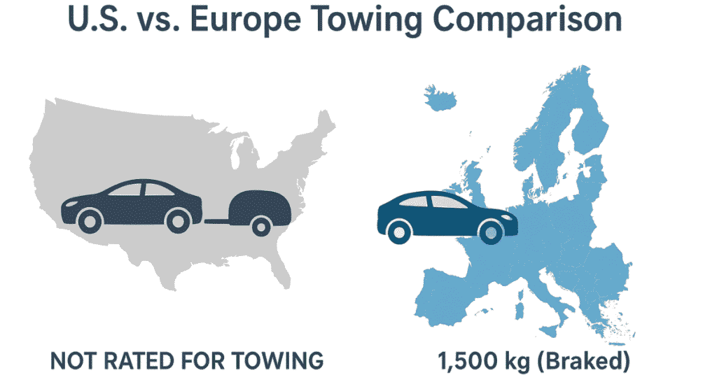 Map infographic comparing Ford Mustang Mach-E towing permissions in the U.S. and Europe with labeled icons and regional colors.